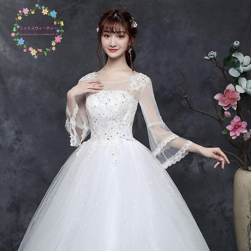 ウェディングドレス 花嫁 二次会 8xl ホワイト ベルスリーブ ウエディングドレス 結婚式 ロング プリンセスライン 袖付き 披露宴 ブライダル 安い 大きいサイズ