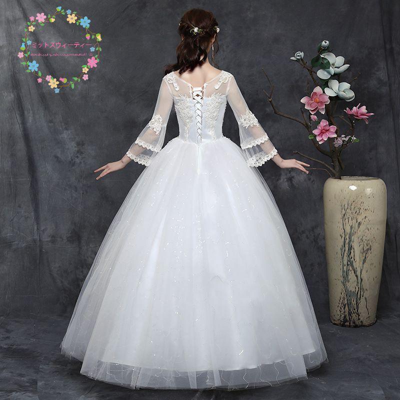 ウェディングドレス 花嫁 二次会 8xl ホワイト ベルスリーブ ウエディングドレス 結婚式 ロング プリンセスライン 袖付き 披露宴 ブライダル 安い 大きいサイズ