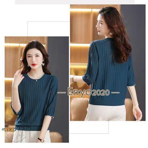 パワフル55ショップのTシャツ レディース トップス 春夏 カットソー 7分袖 夏ニット ストレッチ カジュアル シンプル 丸首 夏服 30代40代50代 着痩せ エレガント 薄手 アイスシルク老人の日｜アングル2