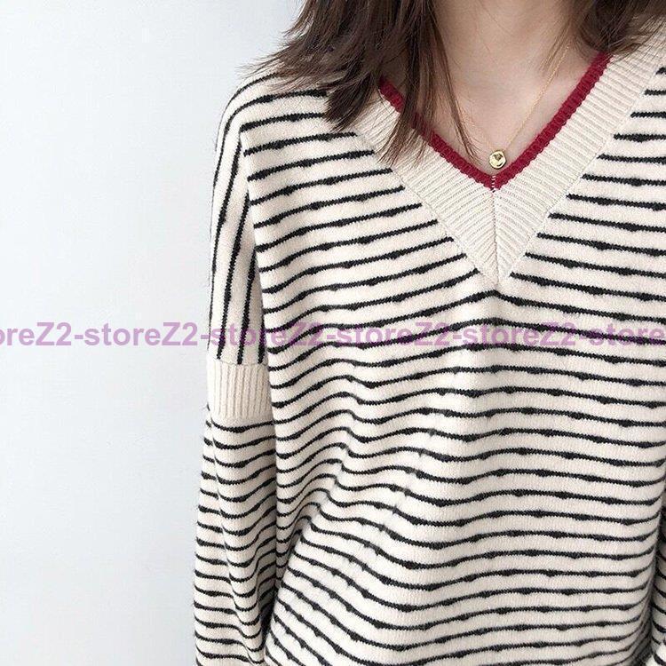 ニットセーター レディース 秋冬 40代 長袖トップス Vネックセーター ボーダー柄ニットトップス ニットインナー プルオーバー ゆったり 韓国風 カジュアル