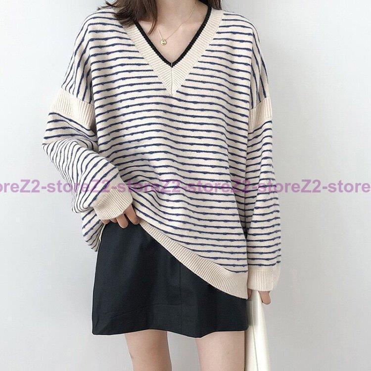 ニットセーター レディース 秋冬 40代 長袖トップス Vネックセーター ボーダー柄ニットトップス ニットインナー プルオーバー ゆったり 韓国風 カジュアル