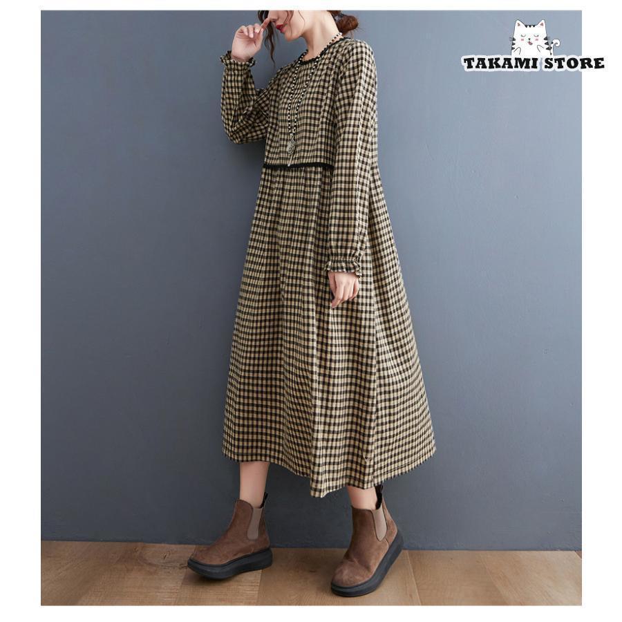 ワンピース シャツワンピース ロングワンピース チュニック 秋 レディース チェック柄 マキシ丈 長袖 体型カバー 綿麻 ゆったり 大きいサイズ 夏 30代 40代 50代