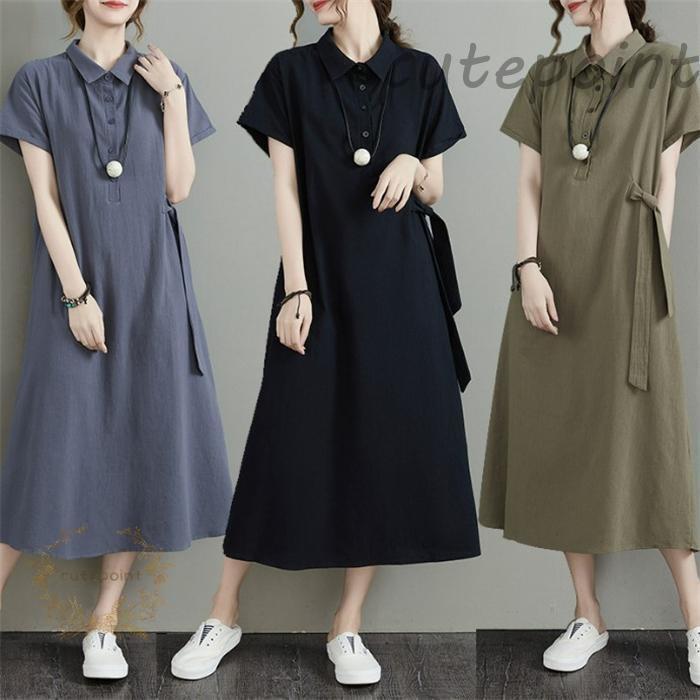 Dresses - シャツワンピース ワンピース レディース ロングワンピース 半袖 秋 春 ロング丈 ミモレ丈 シャツワンピ 体型カバー 無地 きれいめ 着痩せ 重ね着 夏
