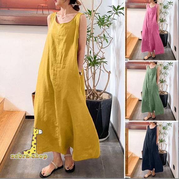 Dresses - ワンピース レディース マキシワンピース 40代 ノースリーブ マキシワンピ 夏 無地 チュニック 体型カバー Uネック マキシ 綿麻 ゆったり 50代