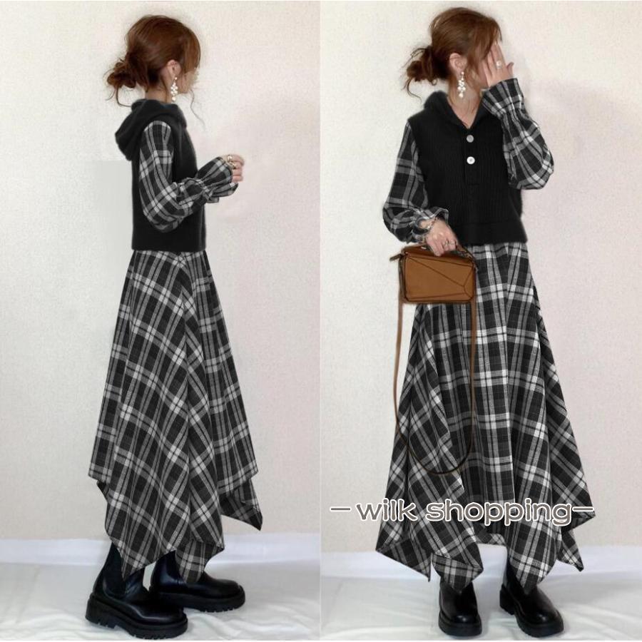 ドッキングワンピース レディース 秋服 チェック柄 フード付き ワンピース切り替え 無地 異素材 ロングワンピース 不規則裾 フレアワンピース 長袖ワンピース父の日