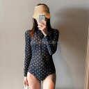 フィットネス 水着 オールインワン レディース フロントジップ長袖 総柄 パット付 スリム 体型カバー ウェットスーツ UVカット 連体スイムウェア 温泉 プール