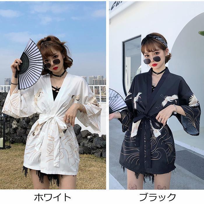 羽織 レディース カーディガン UVカット 七分袖 鶴柄 トップス アウター 着物 浴衣 和風 花火大会 女性用 薄手 春夏秋 きれいめ おしゃれ