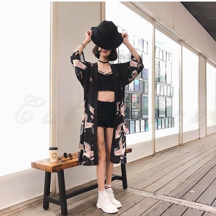 羽織 カーディガン レディース ロング丈 着物 鶴柄 七分袖 薄手 浴衣 和風 和服 UVカット 花火大会 お祭り トップス アウター 春夏秋 おしゃれ