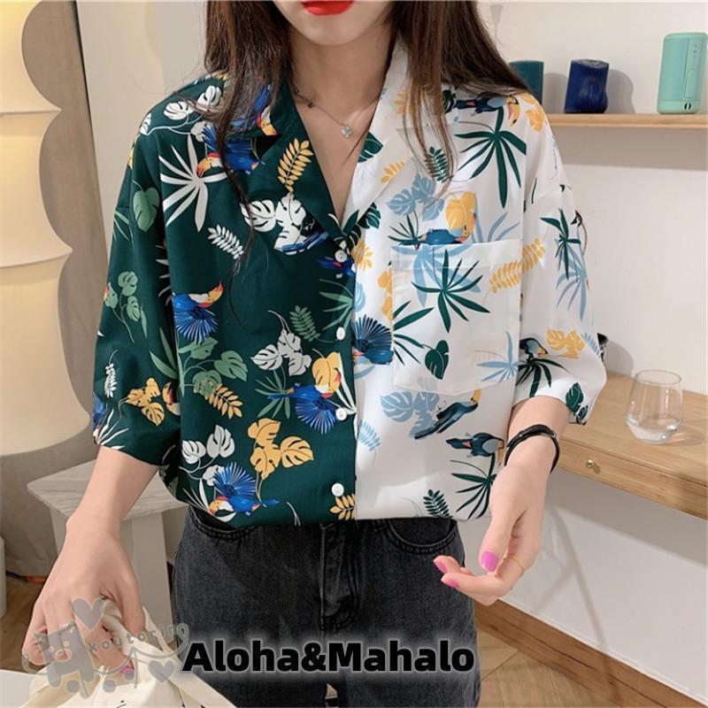 アロハシャツ レディース トップス 夏 シャツ 花柄 半袖 ボタニカル柄 バイカラーシャツ トップス ダンス 衣装 ヒップホップ コスチューム 開襟 浜辺 韓国ファ父の日