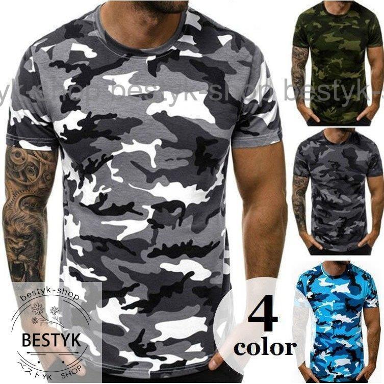 Tシャツ カットソー 半袖 メンズ トップス プルオーバー ラウンドネック 迷彩柄 紳士服 丸首 着回し カ..