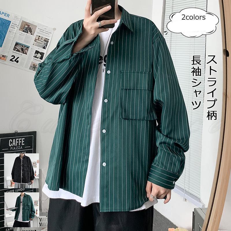 Tops - 長袖シャツ メンズ ライトアウター ストライプ柄 折り襟 前開き トップス カジュアル ポケット付き ゆったり 春秋 21年秋新作 きれいめ おしゃれ父の日