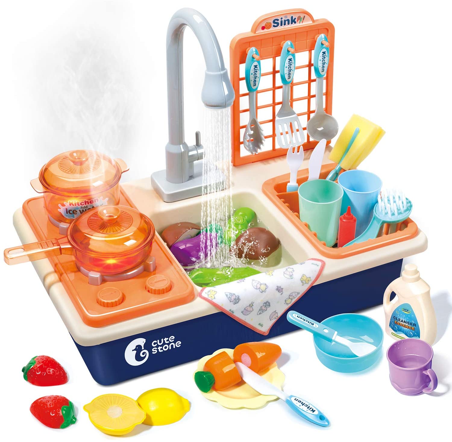 Puzzle - おままごと キッチンセット リアル噴霧 30点セット 皿を洗いおもちゃ 洗濯用品 水遊び 洗い屋さん シンクおもちゃ 室内遊び お鍋 フライパン付き 果物 ごっこ遊び 知育玩具 男の子 女の子 プレゼント 誕生日 入園祝い