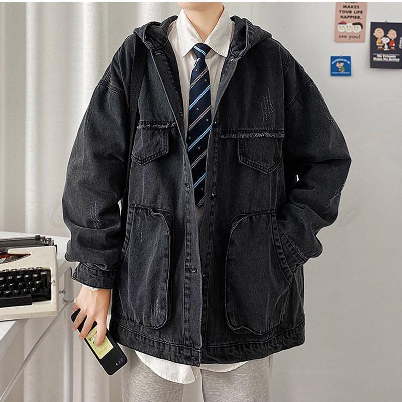 パワフル55ショップのデニム メンズ デニムコート 無地 折り襟 フード付き トップス カジュアル ポケット付き ゆったり きれいめ おしゃれ老人の日｜アングル3
