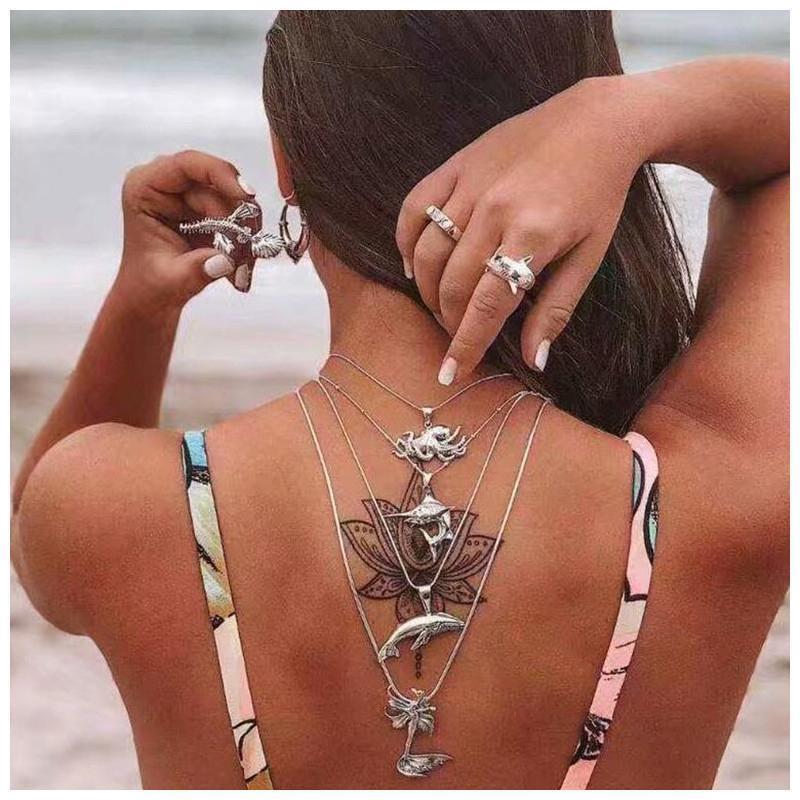 パワフル55ショップのネックレス 4連ネックレス ロング ペンダントトップ ペンダント アクセサリー レディース 女性 女性用 婦人用 チェーン マーメイド タコ サメ 魚老人の日｜アングル2