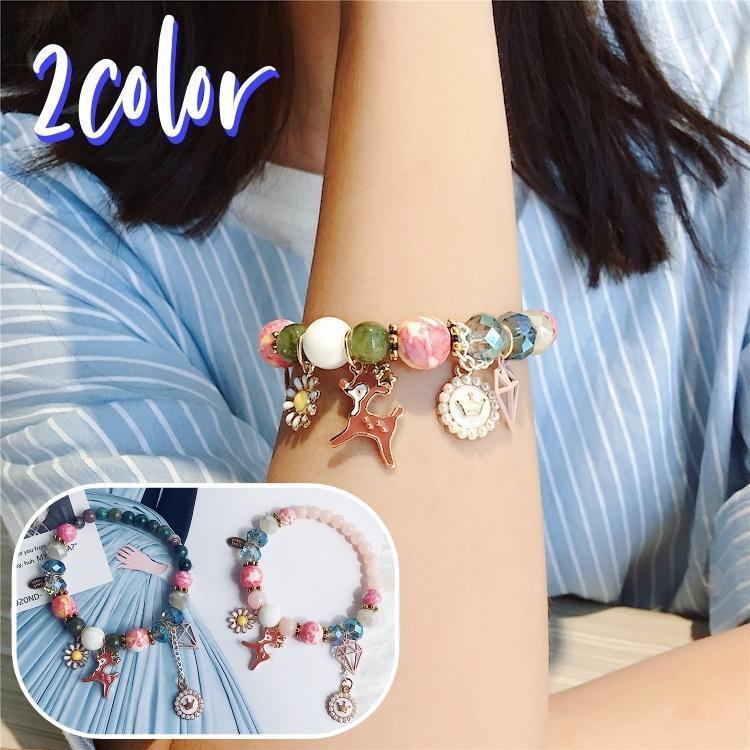 ブレスレット ビーズ アクセサリー レディース 女性用 チャーム カラフル かわいい おしゃれ 王冠 シカ ギフト 記念日 花 誕生日 プレゼント 贈