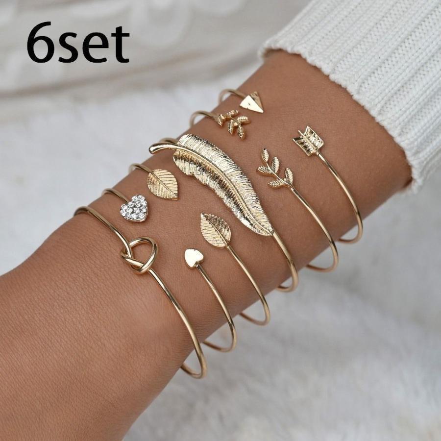 ブレスレット バングル 腕輪 6点セット アクセサリー レディース ゴールドカラー 羽 ハート 葉 リーフ 重ね付け おしゃれ きれいめ 大人女子 高