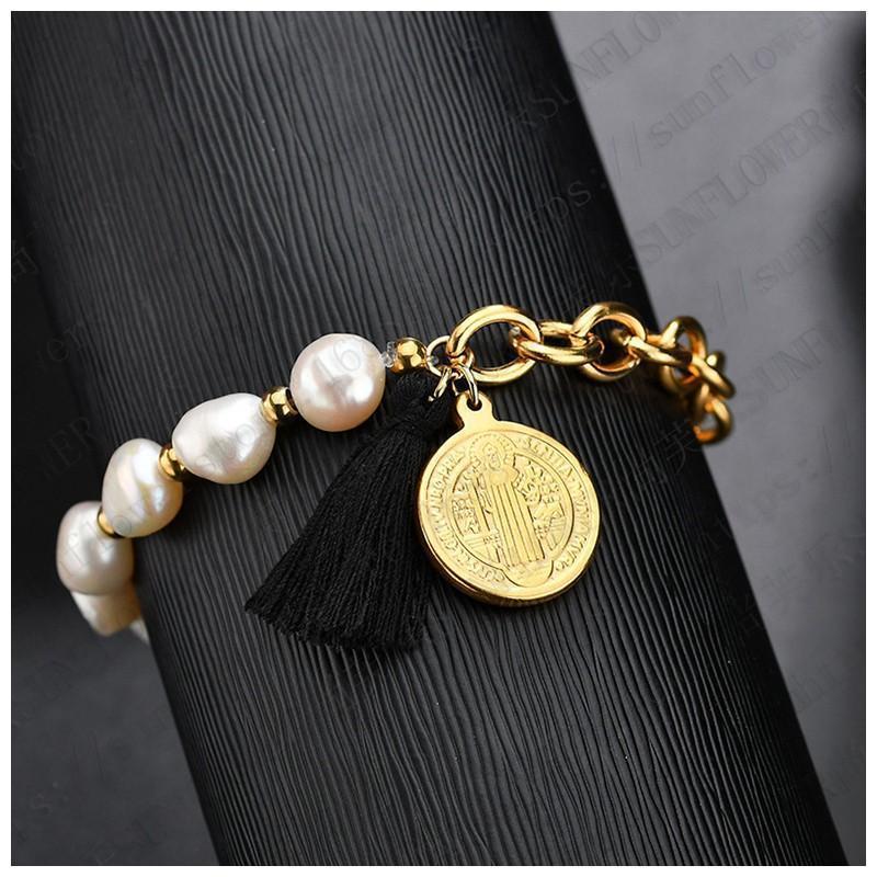 ブレスレット レディース バングル アクセサリー タッセル パール風 ゴールド チェーン キラキラ かわいい クリスチャン イエス キリスト ブラック(4)