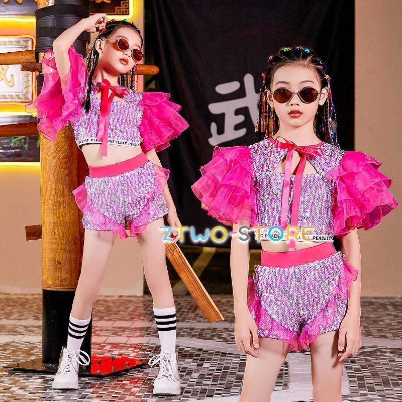 ダンス 衣装 キッズ チア チアガール キラキラ スパンコール ジャズダンス衣装 トップス スカート へそ..