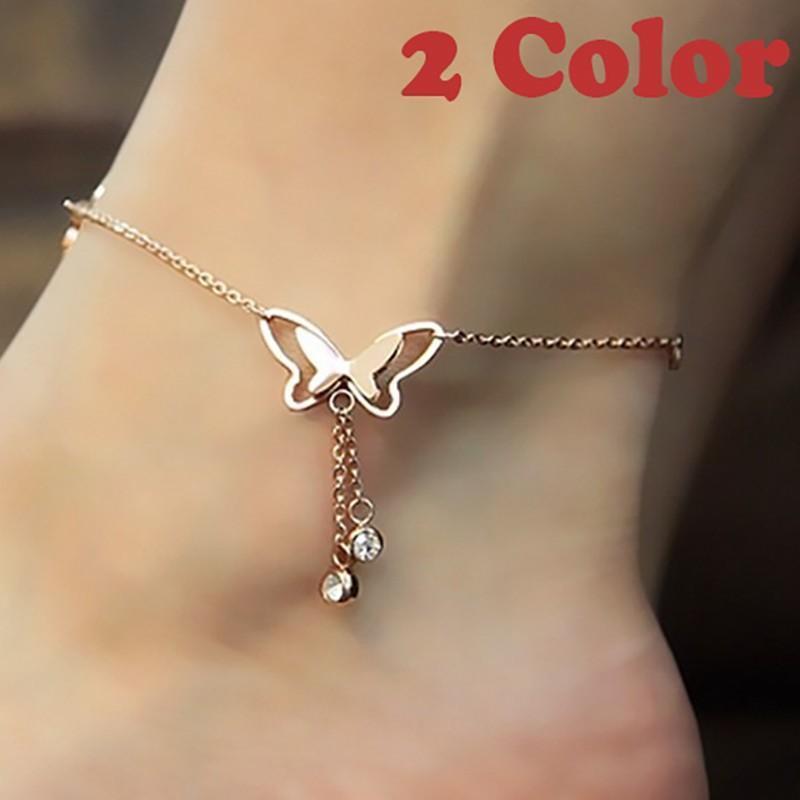 アンクレット アクセサリー ジュエリー ピンクゴールドカラー 蝶 バタフライ チェーン ラインストーン ..