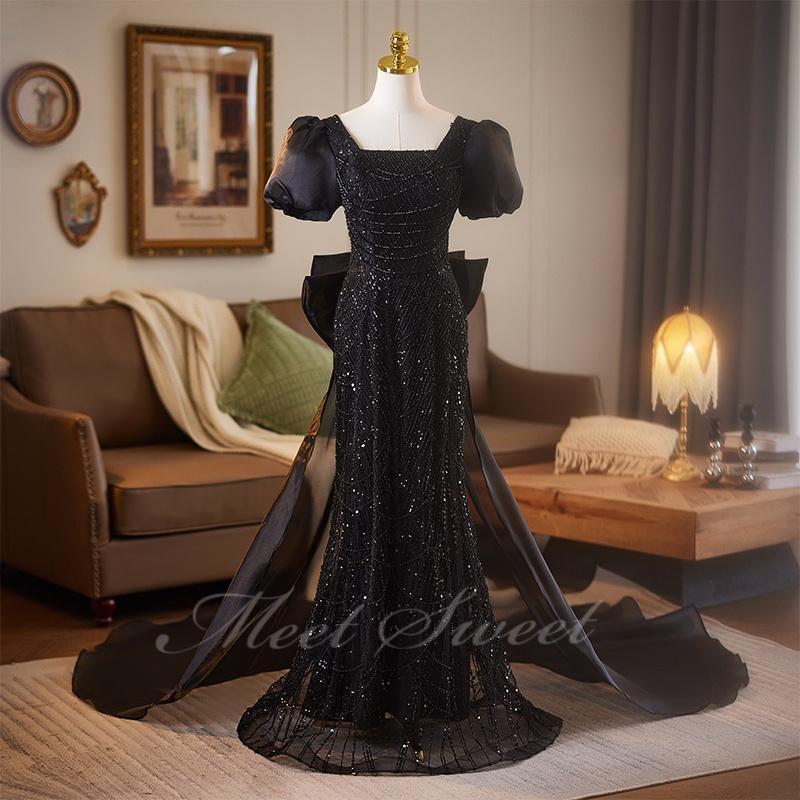 カラードレス ブラック パフスリーブ リボン 演奏会 発表会 二次会 花嫁 ウエディング ウェディングドレス マーメイドライン ロングドレス マーメイドドレス