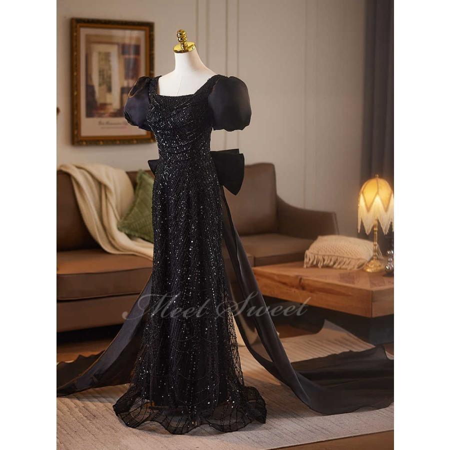 カラードレス ブラック パフスリーブ リボン 演奏会 発表会 二次会 花嫁 ウエディング ウェディングドレス マーメイドライン ロングドレス マーメイドドレス