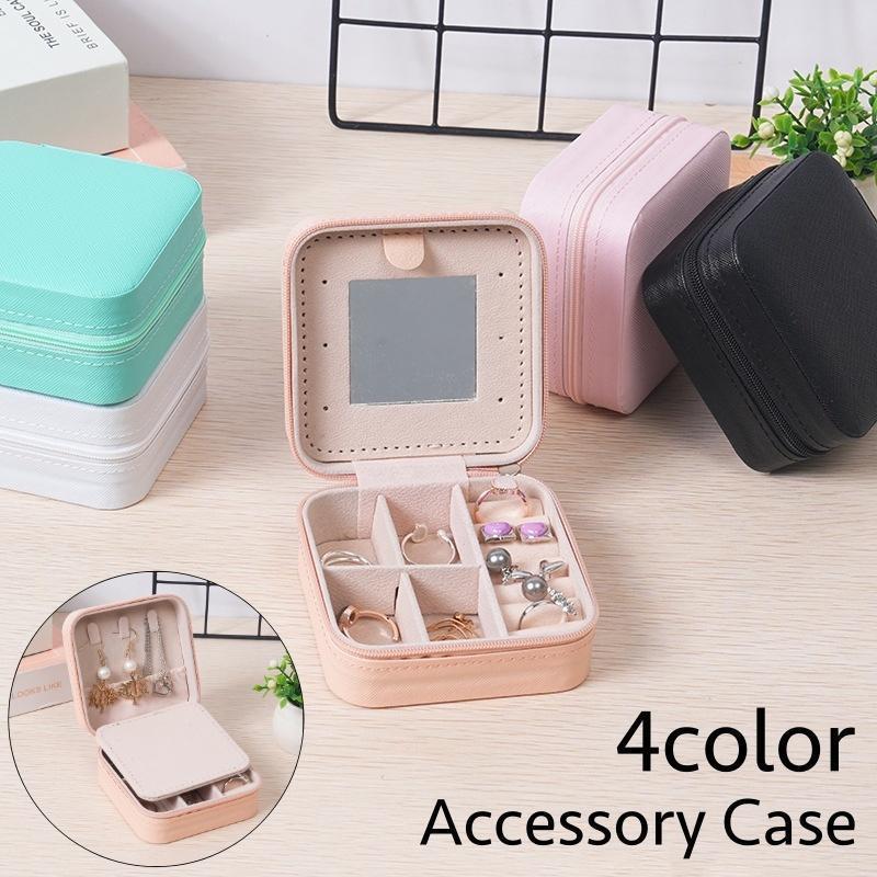アクセサリーケース ミラー付き ジュエリーケース スクエア型 仕切り 携帯用 レザー調 フェイクレザー アクセサリー収納 指輪収納 ネックレス収納 小