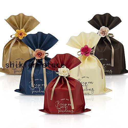 ラッピング袋 ギフトバッグ 不織布 包む リボン付き 手作り造花 プレゼント用 5色 特大サイズ ギフト ..