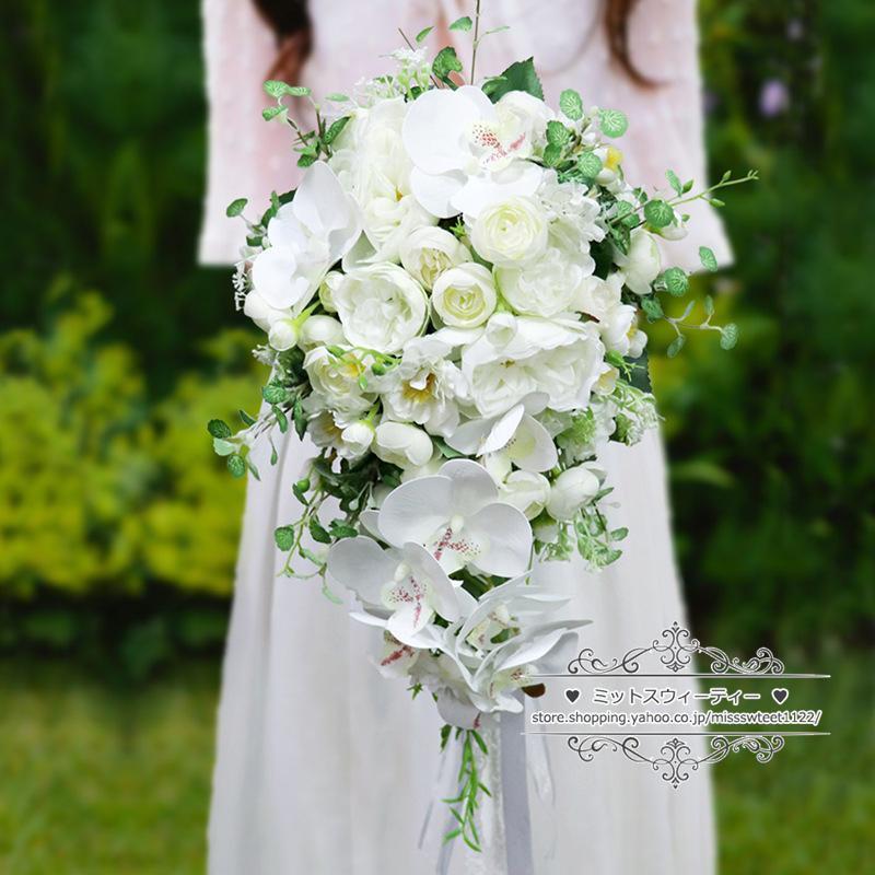 Yellow, Orange - ウエディングブーケ キャスケードブーケ 結婚式 ブーケ 花嫁 二次会 披露宴 造花 前撮り 海外挙式 ウェディングブーケ ブライダル アートフラワー ホワイト 白
