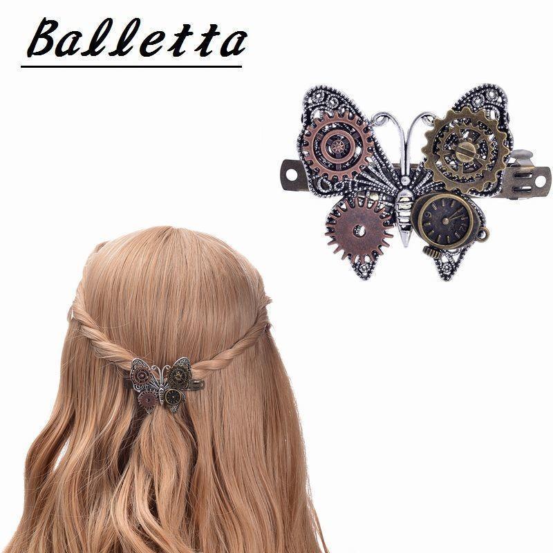 バレッタ 髪飾り レディース ヘアアクセサリー まとめ髪 ロングヘア ミドルヘア バタフライ 蝶 ラインストーン 歯車 時計 ギミック スチームパンク