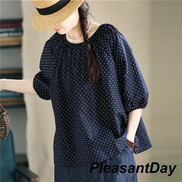 ブラウス レディース トップス 半袖シャツ 水玉 ドット柄 さりげなく体型カバー 五分袖 切り替え パフスリーブ 可愛らしい印象から落ち着いた印象まで