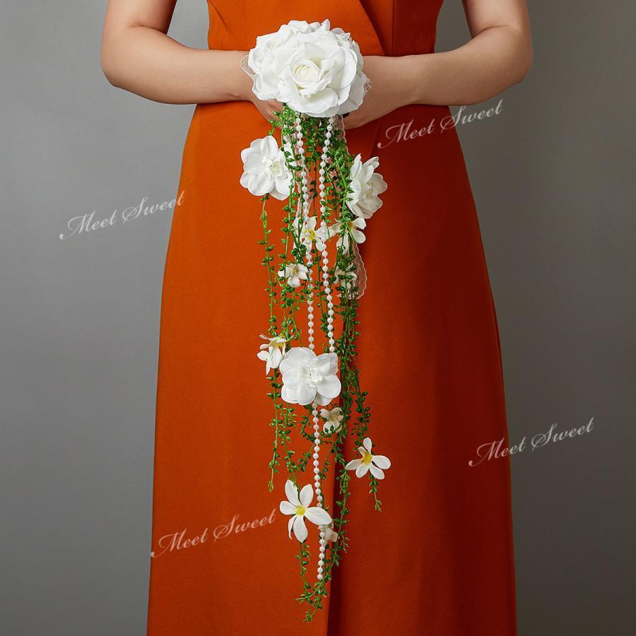 ウェディングブーケ ウエディングブーケ キャスケードブーケ ブライダルブーケ 花嫁 ブーケ 造花 華やか 結婚式 二次会 披露宴 贈答品 リゾート婚 ホワイト 白