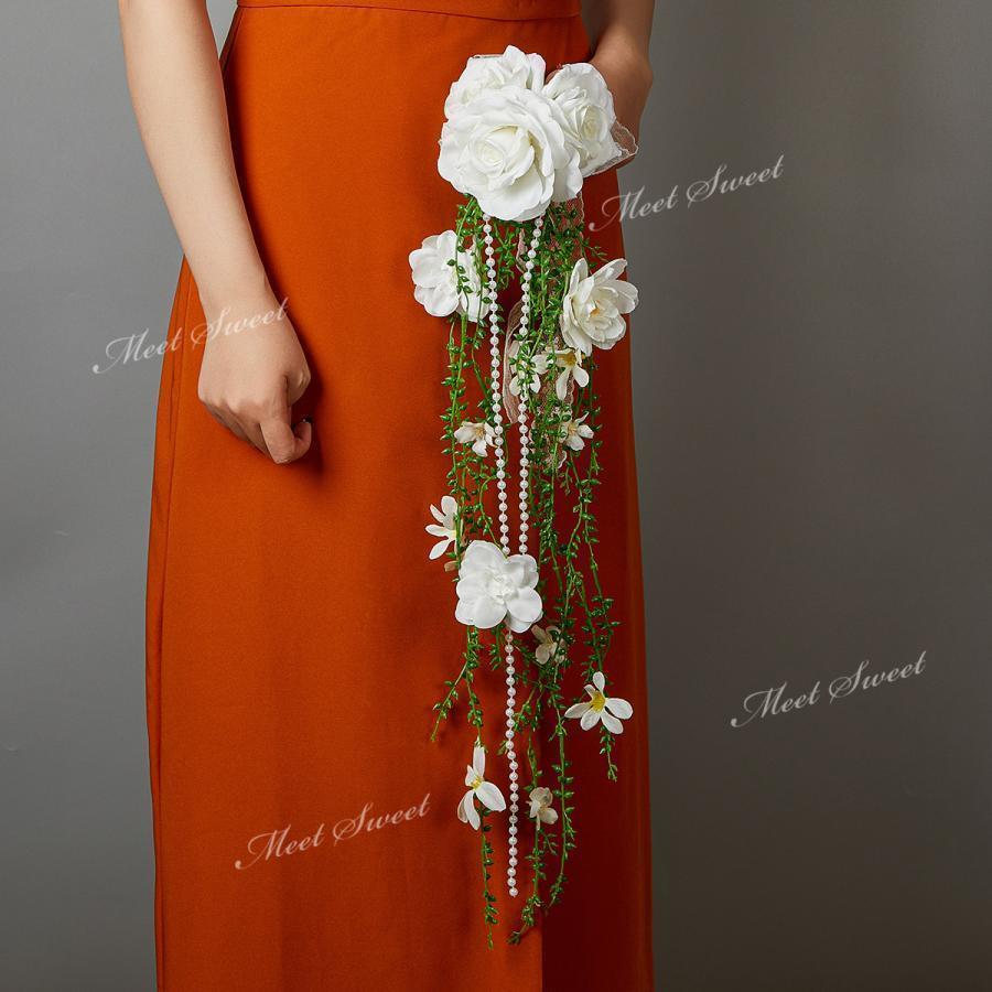 パワフル55ショップのウェディングブーケ ウエディングブーケ キャスケードブーケ ブライダルブーケ 花嫁 ブーケ 造花 華やか 結婚式 二次会 披露宴 贈答品 リゾート婚 ホワイト 白｜アングル2