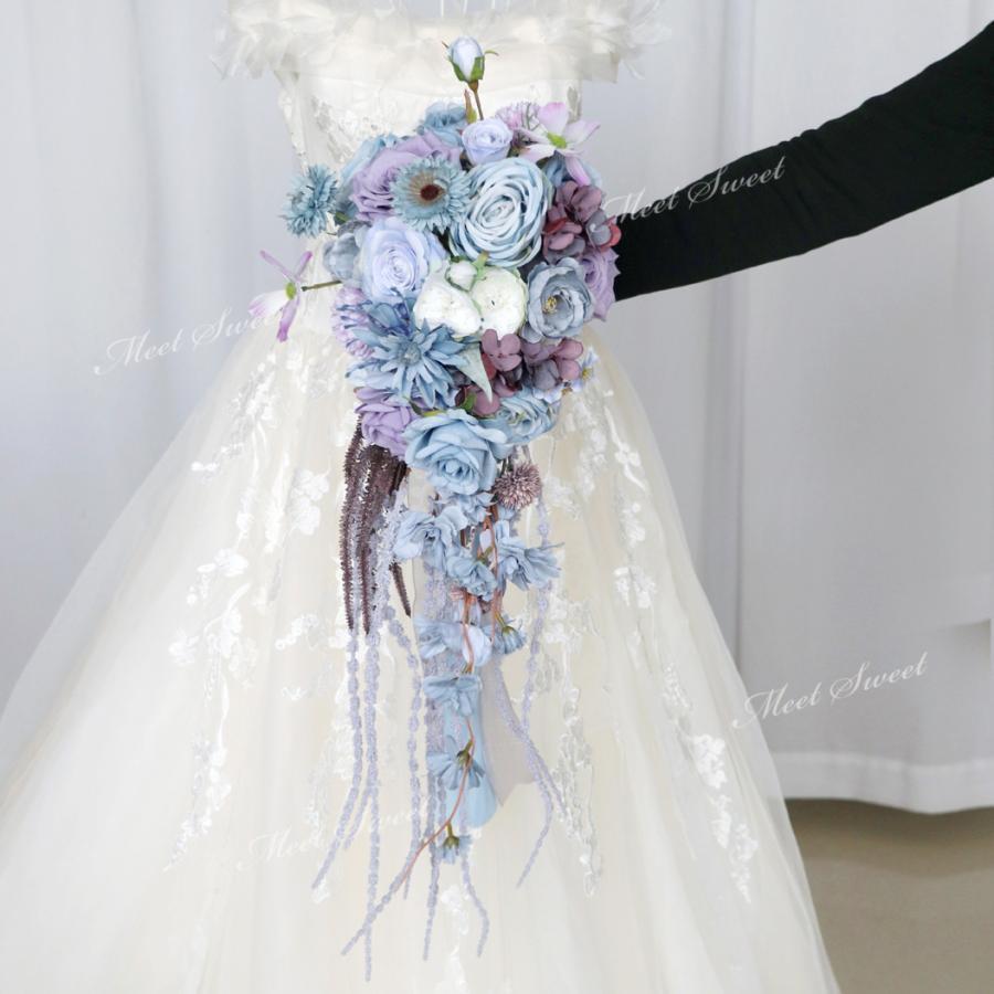 ウェディングブーケ ブライダルブーケ キャスケードブーケ ウエディングブーケ 花嫁 ブーケ 造花 花束 華やか エレガント 結婚式 二次会 披露宴 パープル 紫
