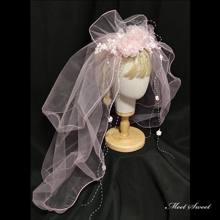 ウェディングベール フラワー ビーズ レトロ 昭和風 ピンク ミドルベール ミディアムベール ショートベ..