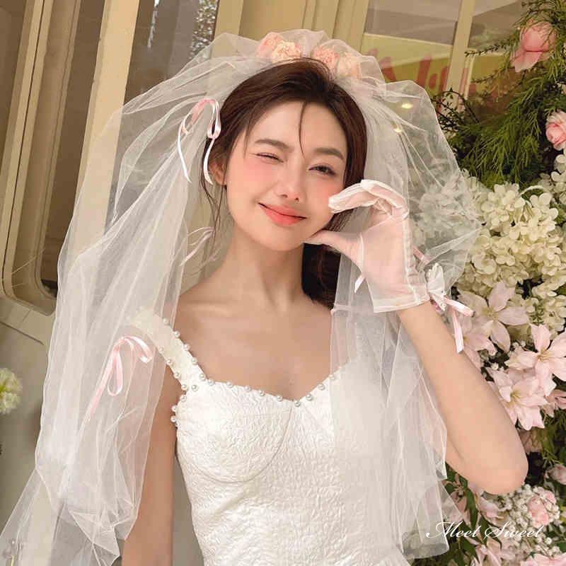 ウェディングベール フラワー リボン レトロ バルーンベール フラワーベール ミディアムベール ショー..