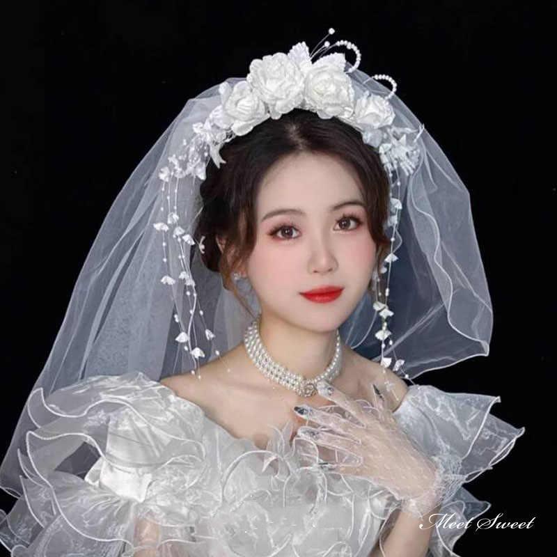 ウェディングベール フラワー ビーズ レトロ メロウベール ミディアムベール ショートベール フラワー..