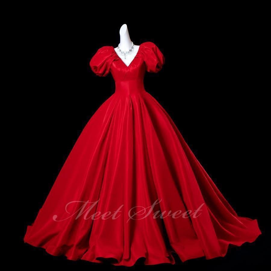 カラードレス レッド パフスリーブ Vネック 演奏会 発表会 二次会 花嫁 ウエディングドレス ウェディングドレス ロングドレス Aラインドレス プリンセスドレス