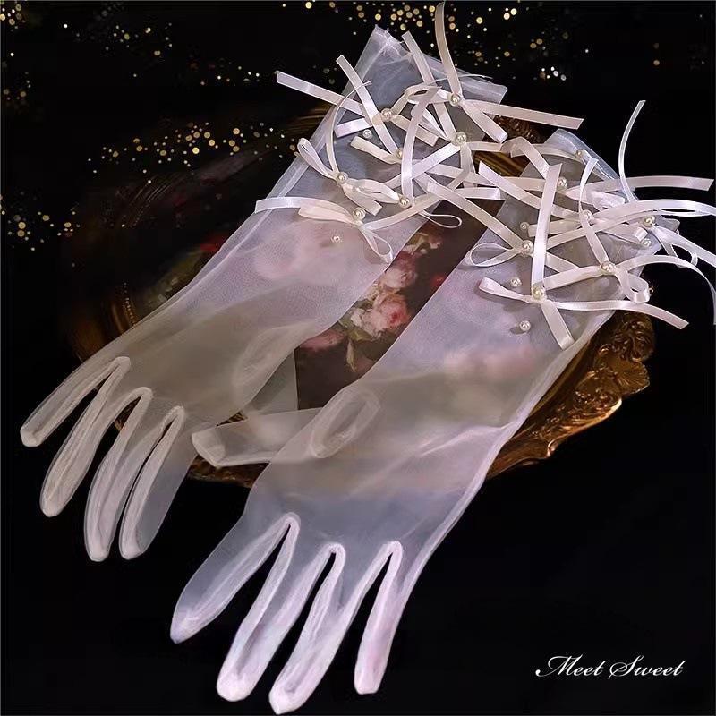 ウェディンググローブ ウエディンググローブ ミディアム丈グローブ 肘下 リボン オーガンジー グローブ..