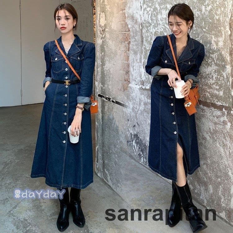 デニムワンピース レディース 40代 マキシワンピース 春夏 長袖ワンピース きれいめ Vネックワンピース..