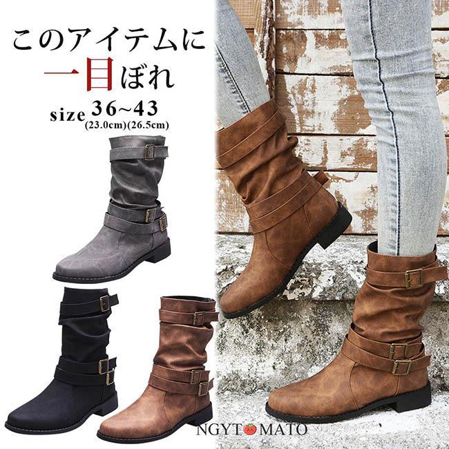 Rakuten - ショートブーツ ローヒール ラウンドトゥ エンジニアブーツ 男女兼用 ベルト ミドル丈 くしゅくしゅ 筒太め 柔らかい PU 履きやすい 歩きやすい おしゃれ 黒父の日