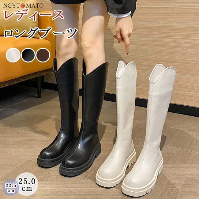 ロングブーツ 厚底 レディース バックファスナー 黒 ラウンドトゥ プラットフォーム Vカット ウエスタ..