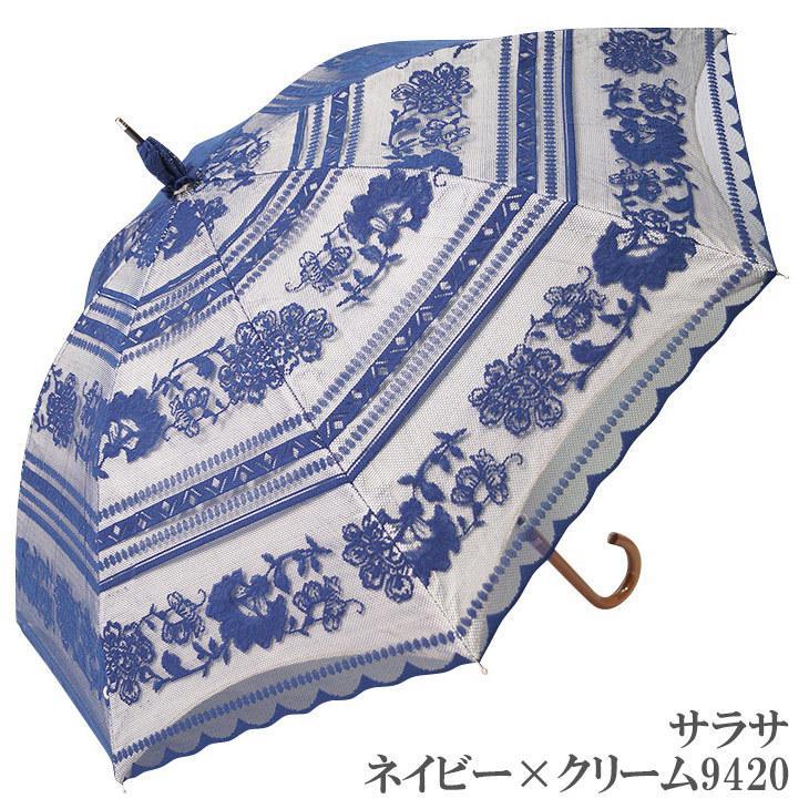Umbrella - 日傘 完全遮光　長傘 レース エレガント二重張り 晴雨兼用 UVカット加工付 サラサ9420ネイビー×クリーム父の日