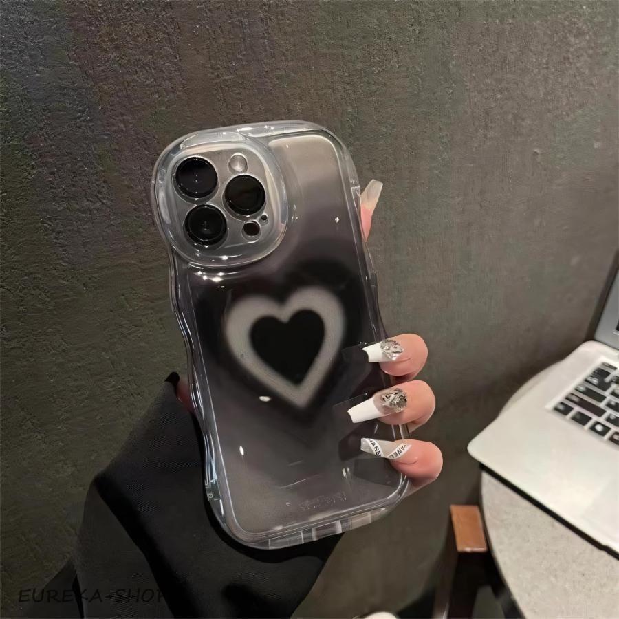 樂天商城 - iPhone15用ケース ハート 黒 韓国 なみなみ かわいいスマホケース クリア おしゃれ ソフトケース ウェーブ型 ストラップホール付き TPU カバーケース 耐衝