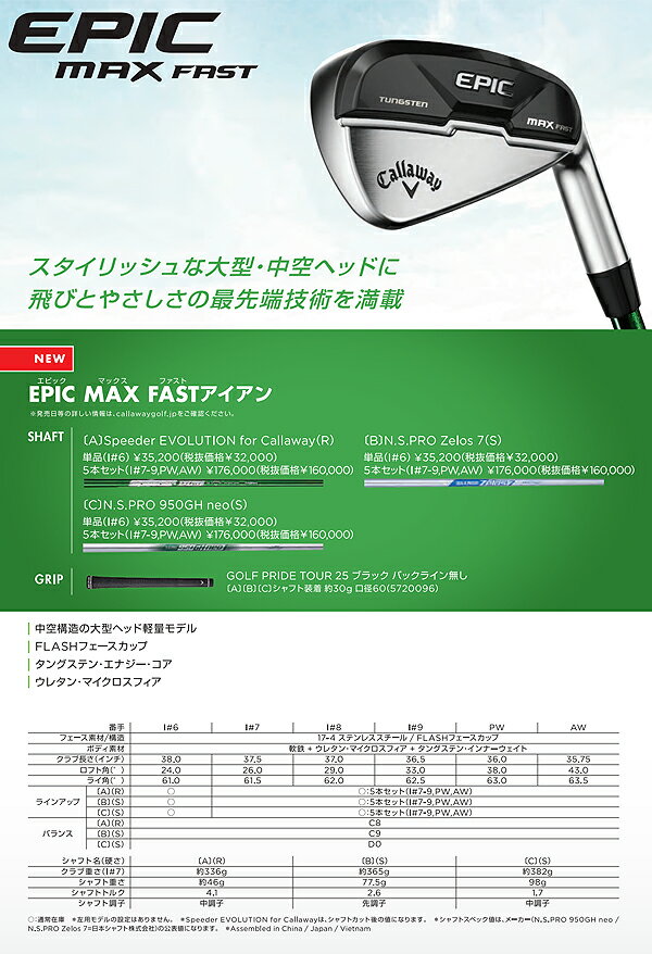 【あす楽】キャロウェイゴルフ メンズ EPIC MAX FAST アイアンセット NS PRO Zelos 7 5本組(7,8,9,PW,AW)__S【21】Callaway golf 2021年モデル エピック