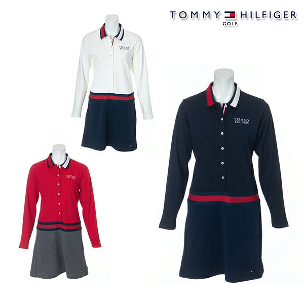 ★SALE★★残り、ネイビーLサイズ、1枚限り★TOMMY HILFIGER 2021年秋冬モデル トミーヒルフィガー レディース 長袖ワンピース THLA155 (00)ホワイト__S【21】ゴルフウエア 秋 冬