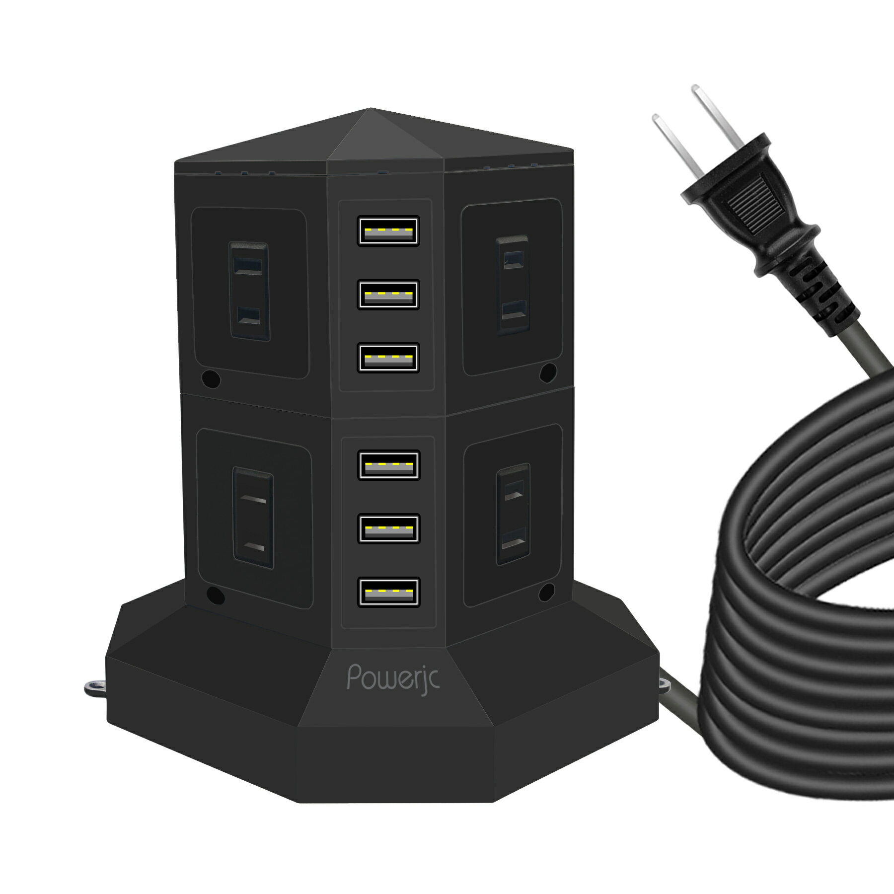 送料無料 POWERJC 正規品 公式ショップタワー式 電源タップ 縦型コンセント AC 8個口 USB 6急速充電ポート可能 雷ガード保護 過負荷保護 職場用 家庭用 ブラック 約1.5M