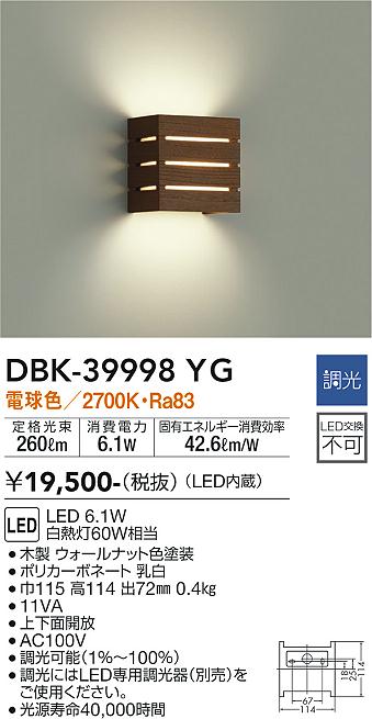 [取付方法]工事必要 [機能/他]LED 6.1W 電球色／2700K 巾115 高114 出72mm 0.4kg 木製 ウォールナット色塗装 ポリカーボネート 乳白 ●上下面開放 ●AC100V ●調光可能(1％～100％) ●調光にはLED専用調光器(別売)をご使用ください。 ●光源寿命40,000時間 ●11VA 定格光束 260lm 消費電力 6.1W 固有エネルギー消費効率 42.6lm/W Ra83 白熱灯60W相当