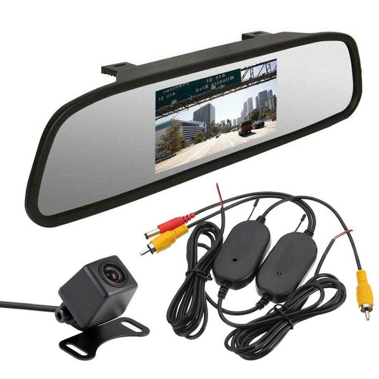 4.3インチルームミラーモニター+小型バックカメラ+無線転送キット3点セット ガイドライン正像鏡像切替 ビデオ2チャンネル 12V専用 ワイヤレス映像転送 JL-RM43WBTA0119PRO