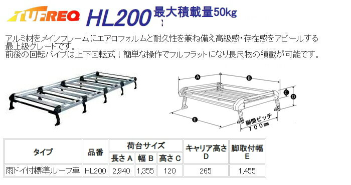HL200 精興工業 TUFREQ (タフレック) ルーフキャリア Hシリーズ 10本脚 トヨタ ハイエースバン H16.8〜 H2# 標準ルーフ(標準幅) 沖縄県/離島 発送不可