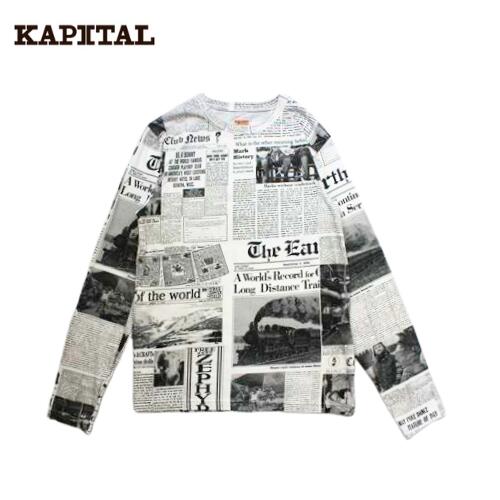 KAPITAL kapital 20/-天竺 ジプシーニュース ニュースペーパー柄 クルーロンT K2303LC014 キャピタル 長袖Tシャツ ノーマルシルエット ロンT メンズ プリントtシャツ 白tシャツ 白t インナー長袖袖 ブランド コットン100 コットン100 おしゃれ レディース